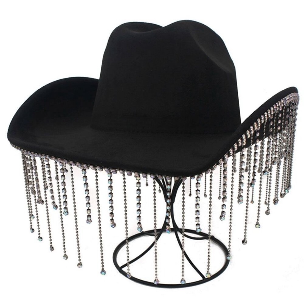 RHINESTONE TASSEL COWBOY HAT COLOR BLACK